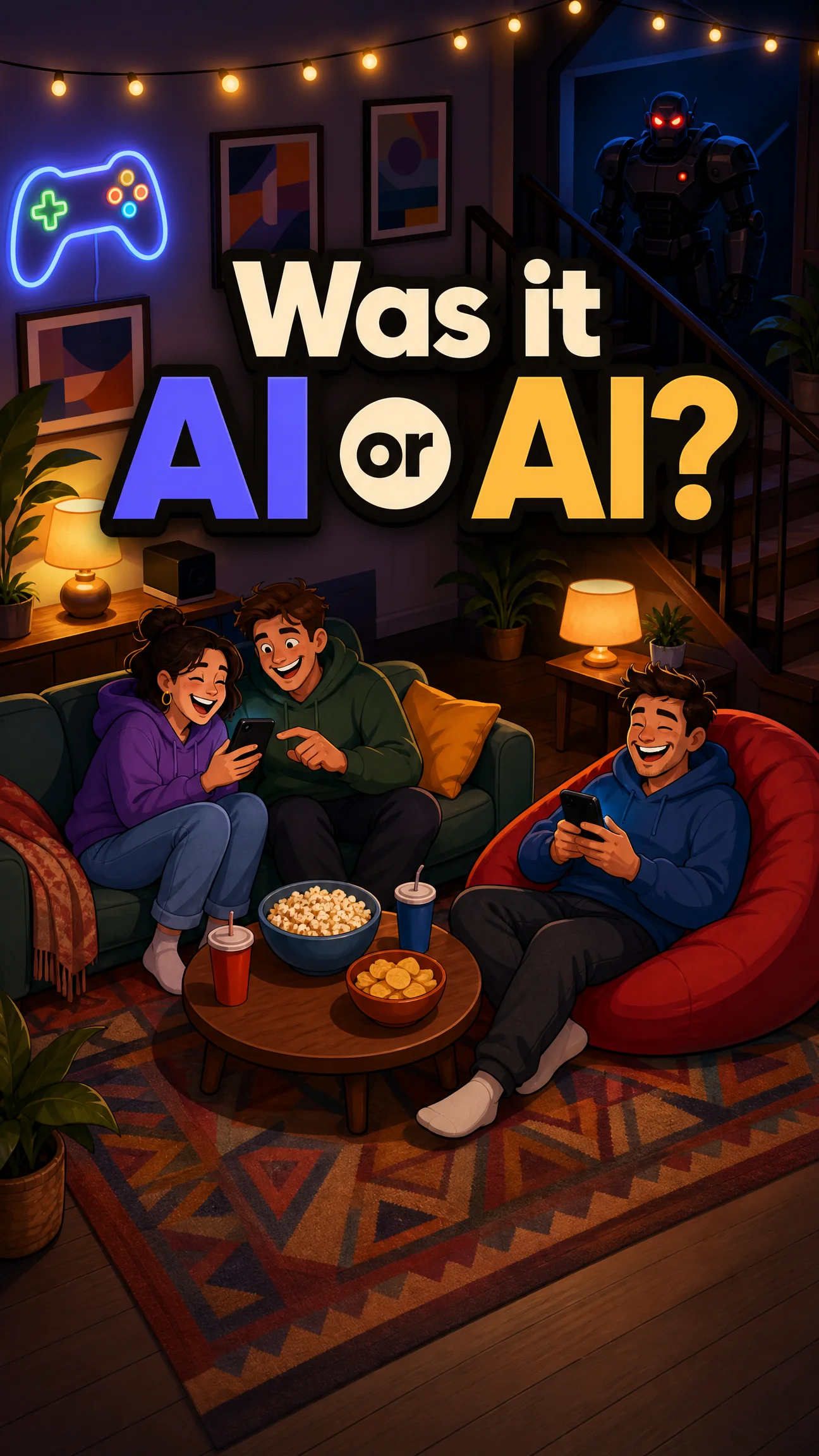 Was it AI, or Al? — friends laughing at their phones on game night while a red-eyed robot watches from the stairs, unnoticed.
