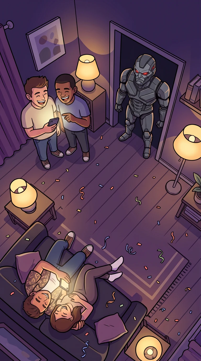 A party where everyone is laughing at their phones while a red-eyed robot glares from a dark doorway, unnoticed.