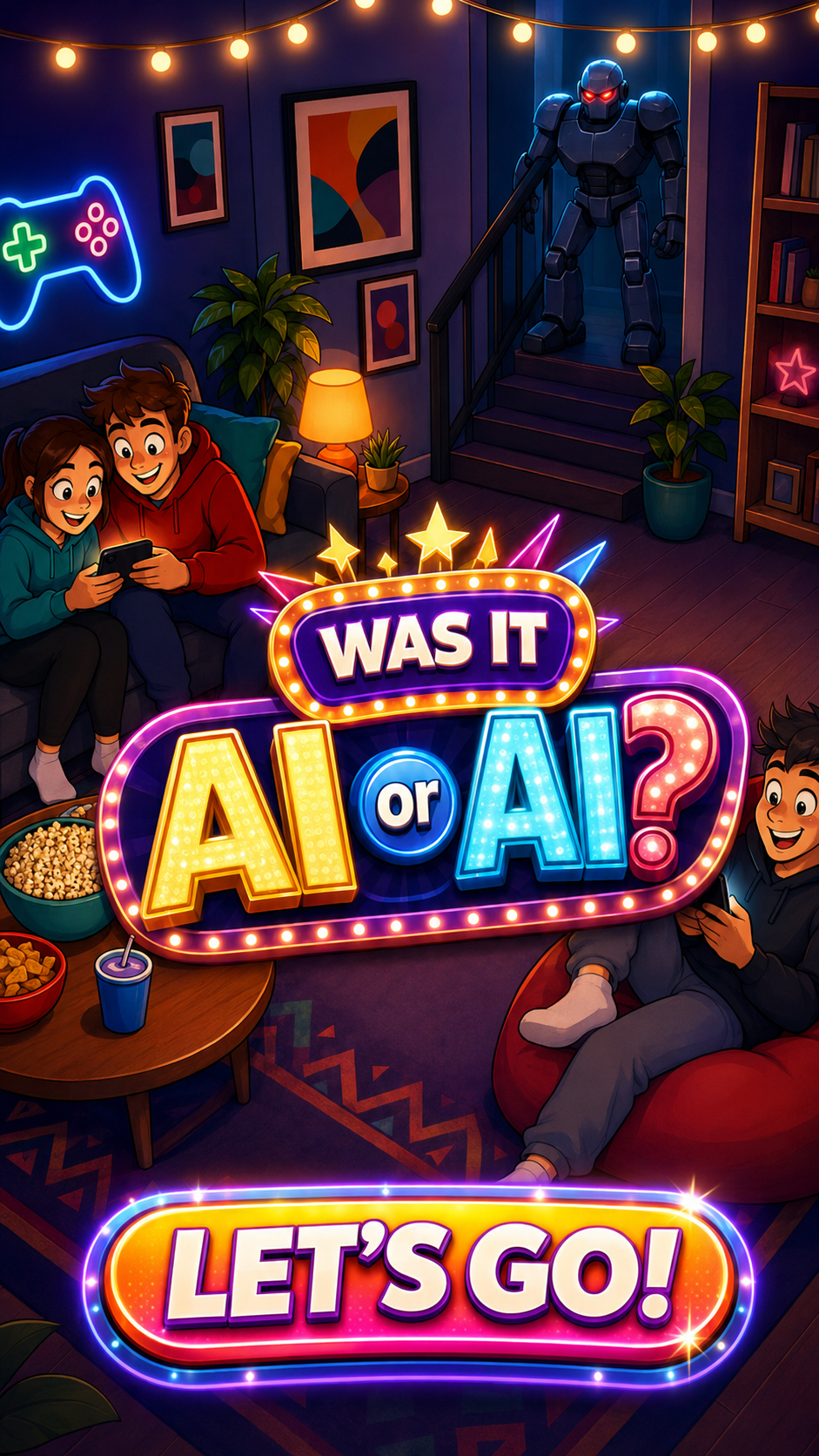 Was it AI or Al? Friends compare answers while a red-eyed robot watches from the stairs.